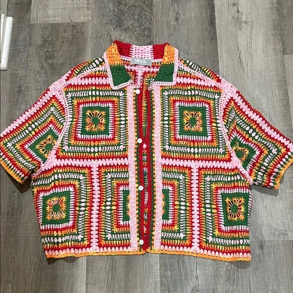 Blue B Collection Multi Color Short sleeve Crochet Granny Square sweater - Picture 3 of 8